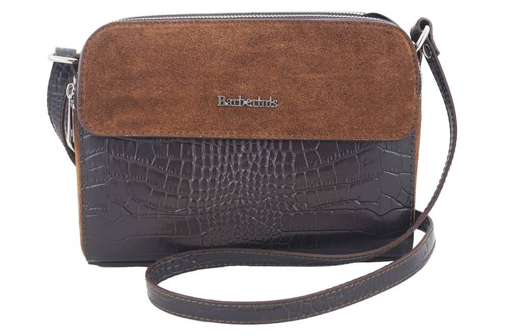 Torebka skórzana zamszowa damska Barberini's 885/1-11 listonoszka croco mała ciemnobrązowa - elegancka faktura croco i zamszowe wykończenie
