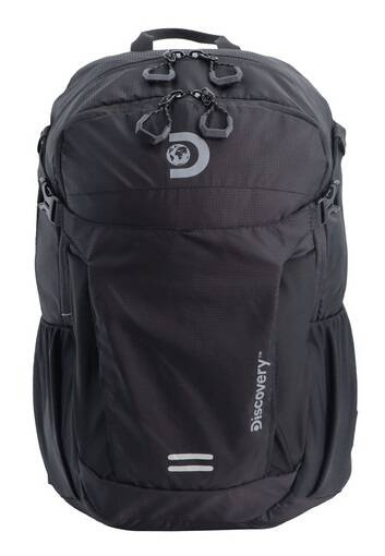Czarny plecak Discovery Body Spirit 1113 z przodu, z logo Discovery i siatkowymi kieszeniami po bokach
