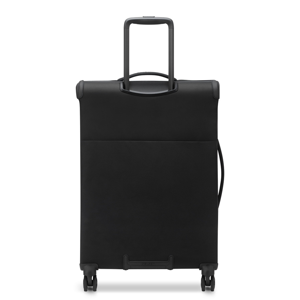 Czarna walizka Delsey Brochant 3.0 67 od tyłu, z wysuniętą rączką teleskopową i bocznym uchwytem