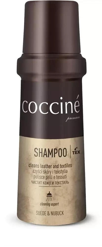 Szampon do skóry i tekstyliów Coccine - butelka z przodu, etykieta Shampoo cleans leather and textiles
