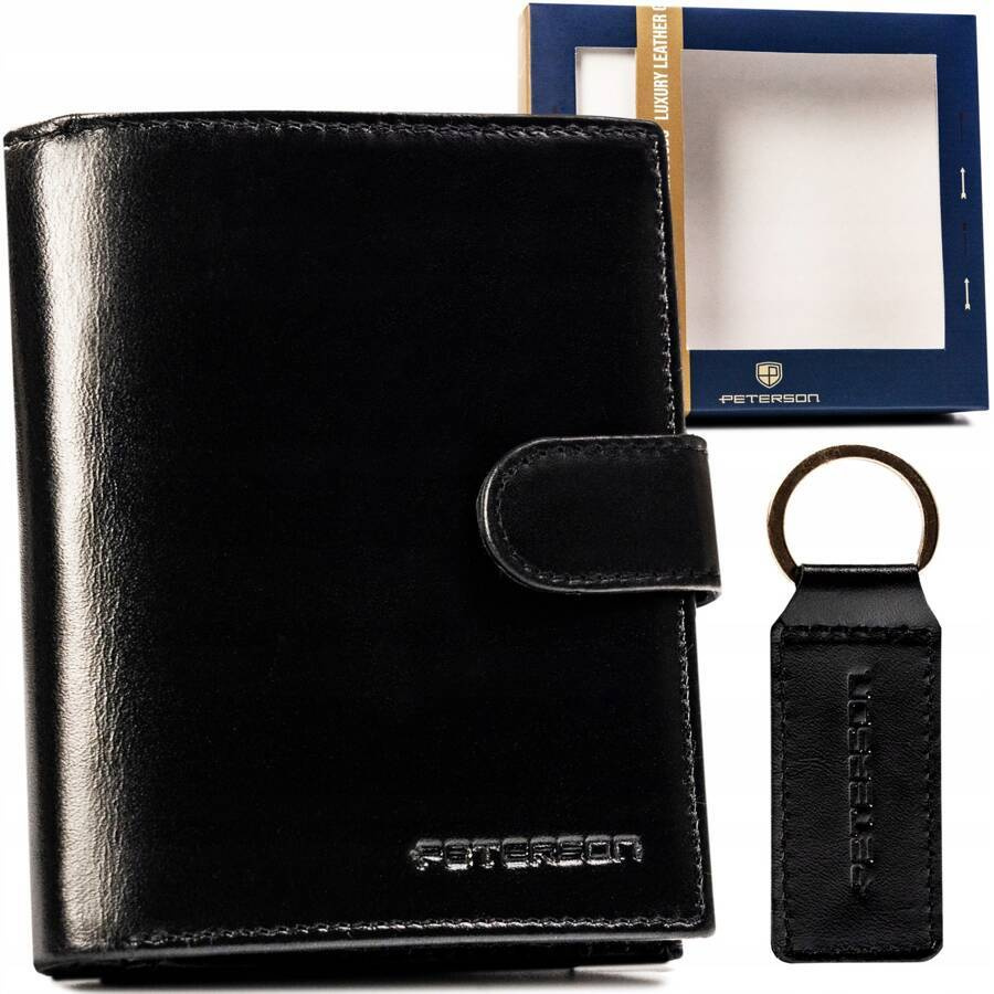 Czarny portfel męski Peterson SET-M-1549L-KCS z zapinką i brelokiem