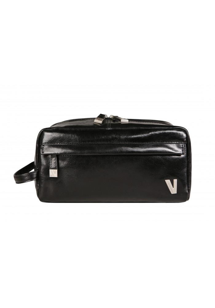 Czarna kosmetyczka Vip Collection Y30904 z metalowym emblematem w kształcie litery V i uchwytem z boku