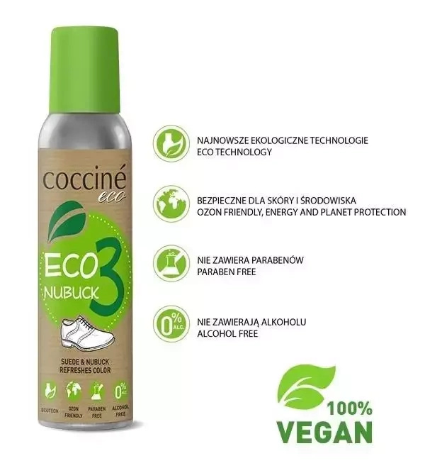 Renowator w sprayu do zamszu i nubuku Coccine czarny - butelka Eco Nubuck z ikonami ekologicznych cech i napisem 100% vegan