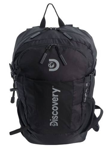 Czarny plecak Discovery Outdoor 611 z przodu, z pionowym napisem Discovery i uchwytem u góry