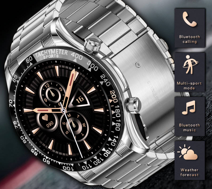 Srebrny smartwatch męski Rubicon RNCE94 - pod kątem z ikonami funkcji z boku