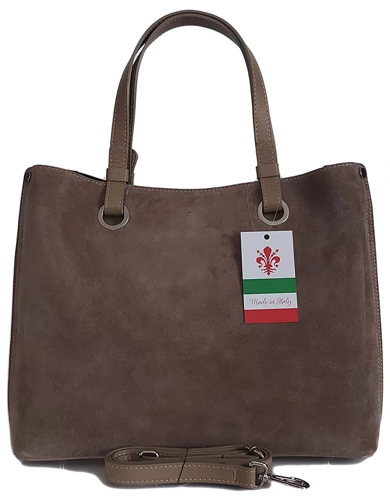 Torebka skórzana zamszowa damska Vera Pelle VOM33T shopper bag A4 beżowa - elegancki beżowy zamsz