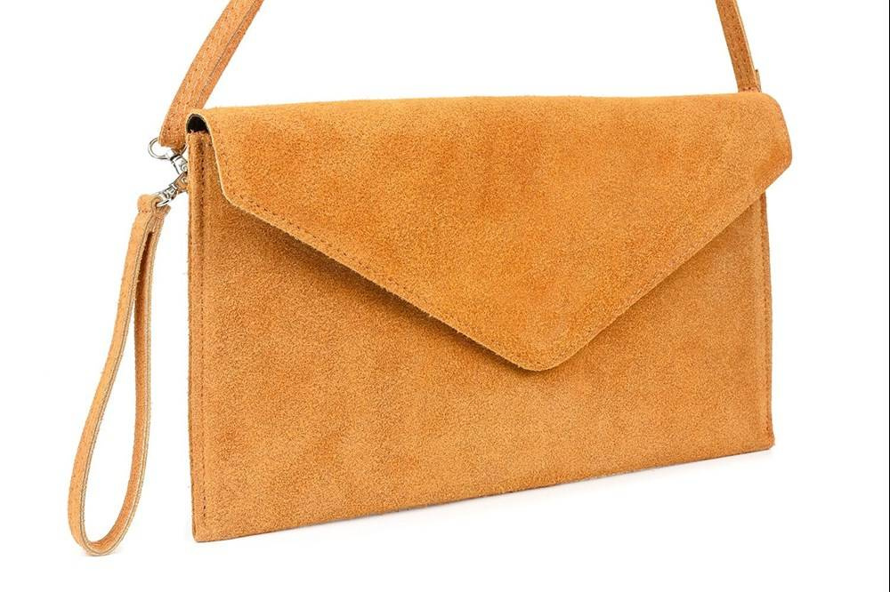 Listonoszka damska Vera Pelle N12 camel z zamszu, przód z długim i krótkim paskiem