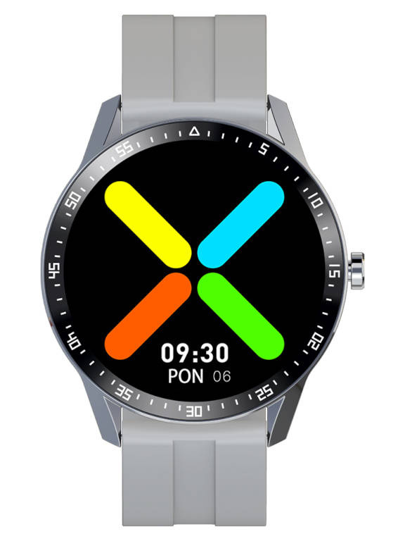Srebrno-szary smartwatch męski G. Rossi SW018-2 - smartwatch z przodu na białym tle, szary pasek, srebrna koperta