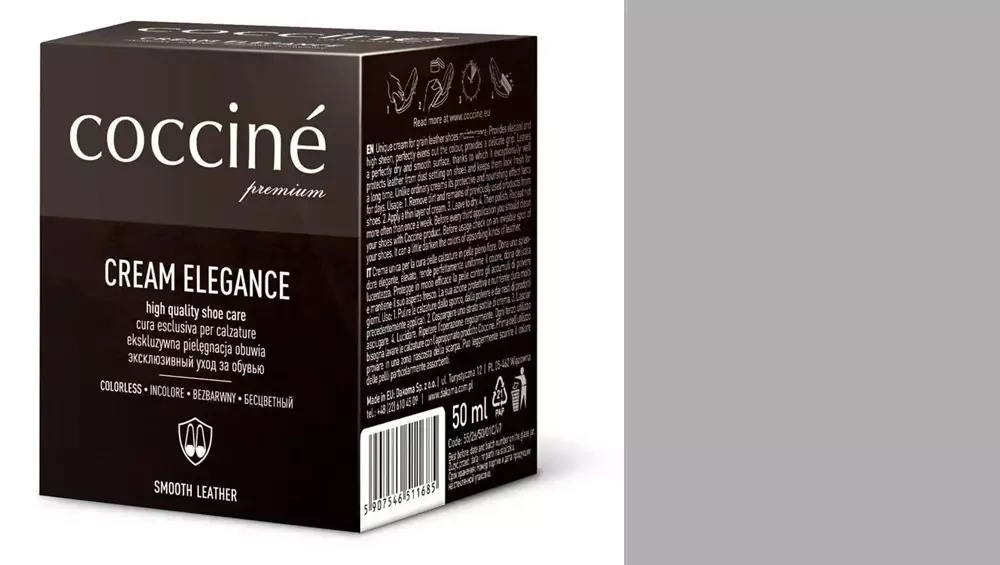 Krem do skóry gładkiej Coccine srebrny - kartonik Coccine Cream Elegance 50 ml i próbnik koloru w odcieniu srebrno