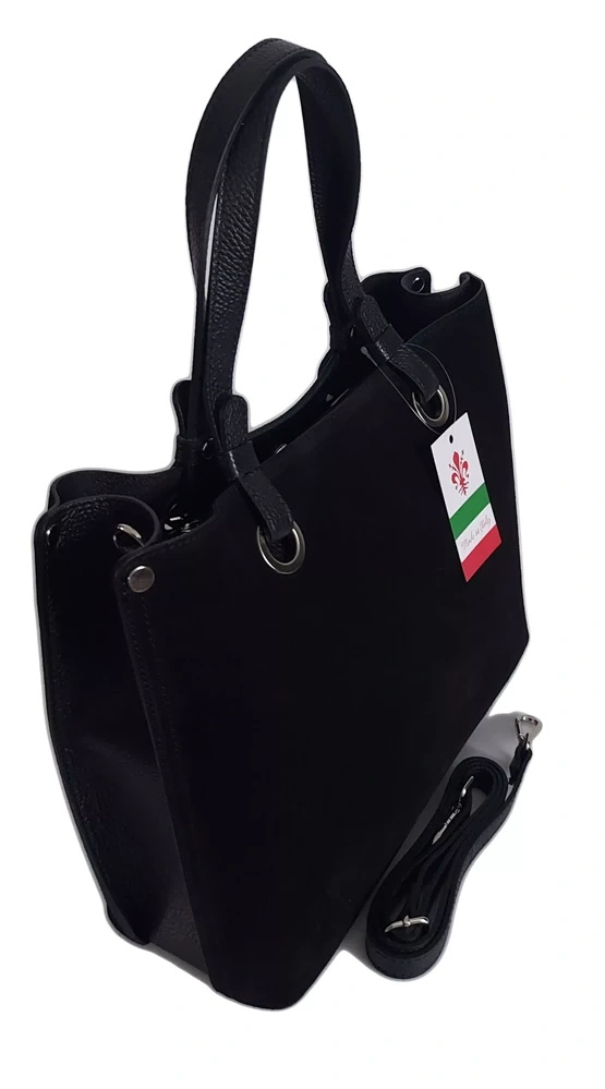 Torebka skórzana zamszowa damska Vera Pelle VOM33N shopper bag A4 czarna - widok z góry i wnętrze torebki
