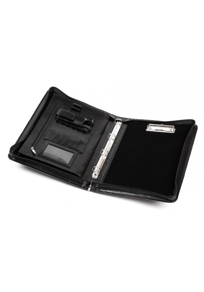 Czarna teczka na dokumenty Vip Collection AK-14 otwarta, z mechanizmem segregatora i klipsem do kartek