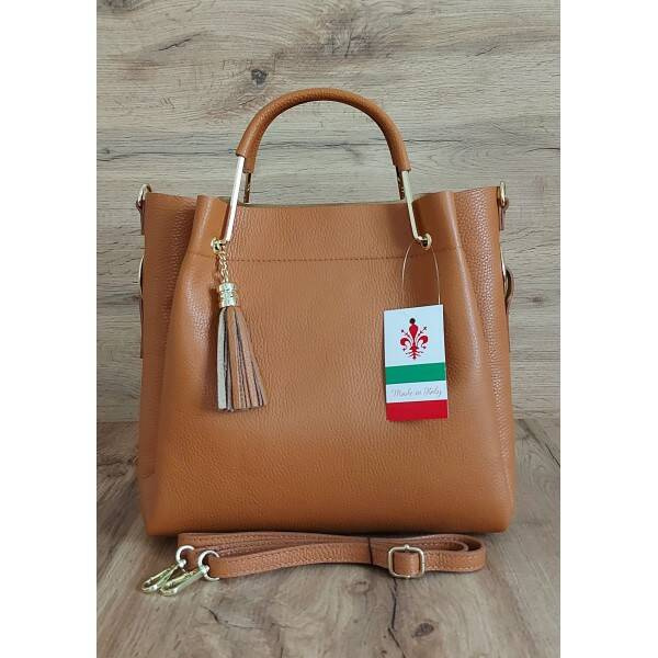 Torebka skórzana damska Vera Pelle KLV33C shopper A4 camel - widok wnętrza i kieszeni