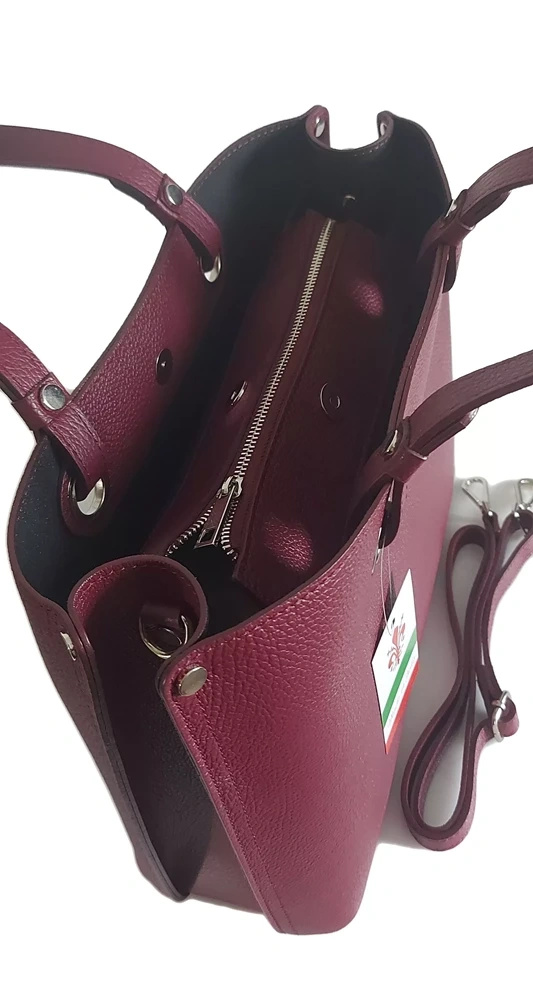 Torebka skórzana damska Vera Pelle VOM65RR shopper bag A4 bordowa - widok wnętrza i organizacji