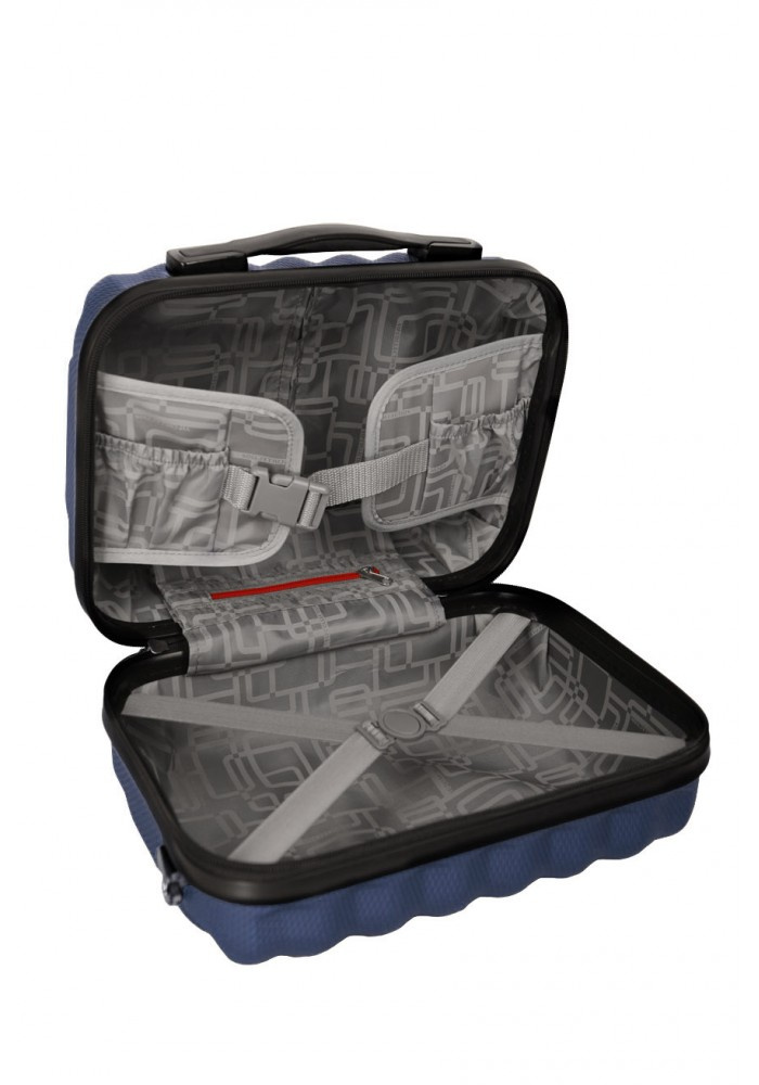 Granatowa kosmetyczka Vip Collection Barbados 14 z poliwęglanu otwarta, z kieszeniami w pokrywie i paskami