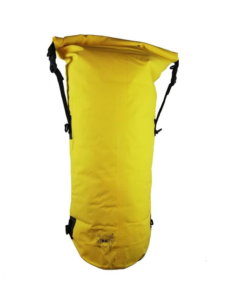Żółty worek wodoodporny Amphibious Tube 60L z pionową taśmą, cyfrą 60 w logo i czarnymi paskami po bokach