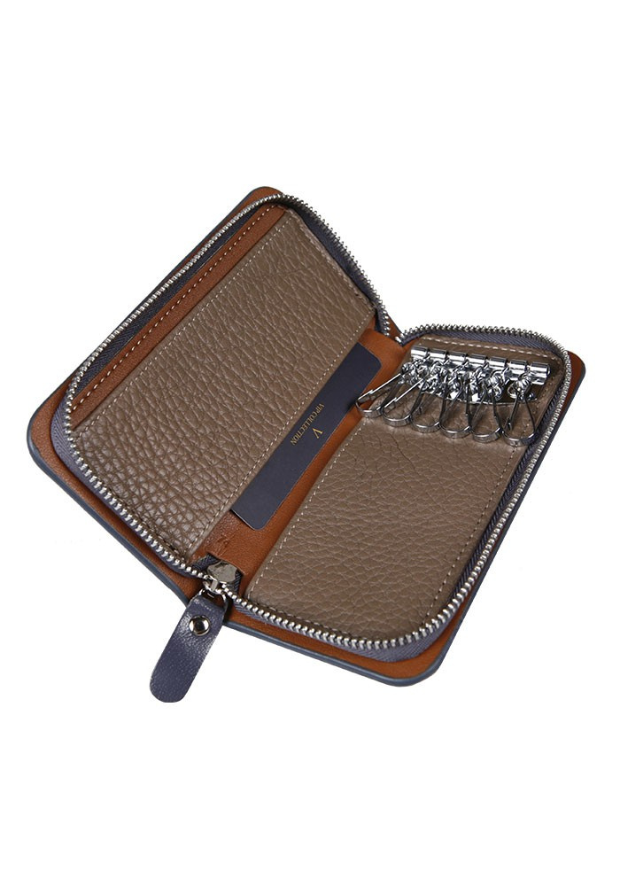 Szare etui na klucze Vip Collection Palermo 74 ze skóry naturalnej, otwarte, z rzędem haczyków na klucze i kieszonką