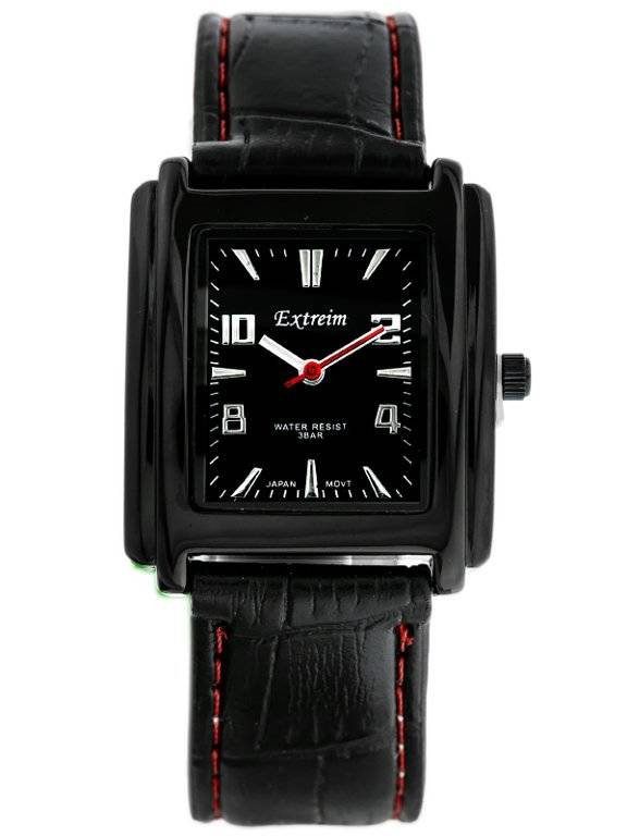 Czarny zegarek damski Extreim EXT-Y019B-1A - zegarek z przodu na białym tle, czarny pasek z czerwonym przeszyciem
