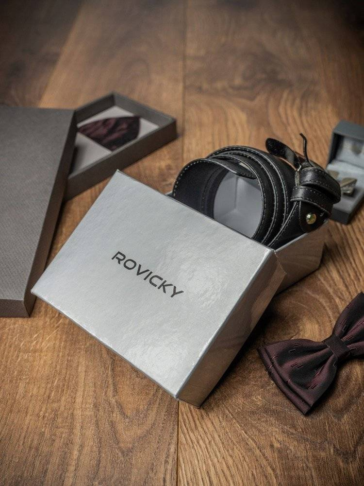 Czarny pasek Rovicky BOM-01-SO w srebrnym firmowym pudełku