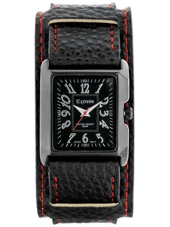 Czarny zegarek damski Extreim EXT-Y016B-1A - zegarek z przodu na białym tle, szeroki pasek z podkładką