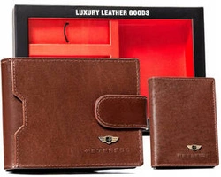Zestaw prezentowy: skórzany portfel męski, etui i brelok brązowy - Peterson SET3-N78L-VT