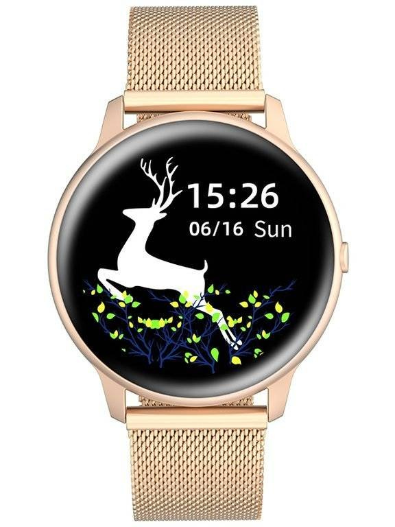 Smartwatch damski G. Rossi SW015-4 w kolorze różowego złota - smartwatch z przodu na białym tle, bransoleta siatkowa
