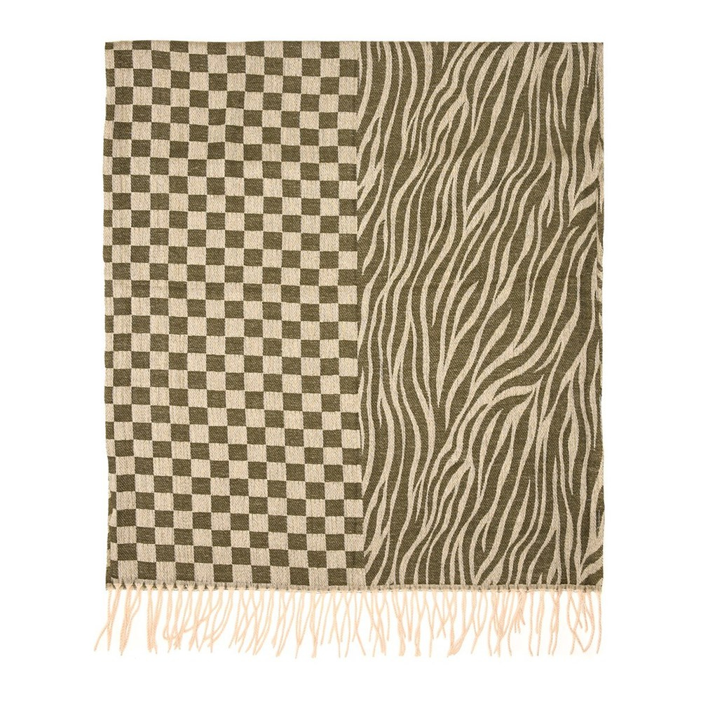 Szalik damski Versoli ST-23-1 khaki, rozłożony koniec, połowa szachownica, połowa zebra