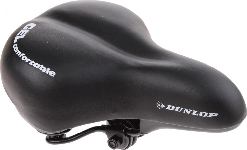 Czarne siodełko rowerowe Dunlop z boku, z napisami GEL comfortable i Dunlop oraz mocowaniem pod spodem