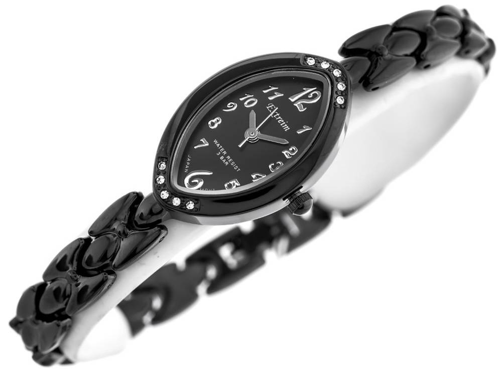 Czarny zegarek damski Extreim EXT-Y007B-4A - zegarek pod kątem, z boku z koronką