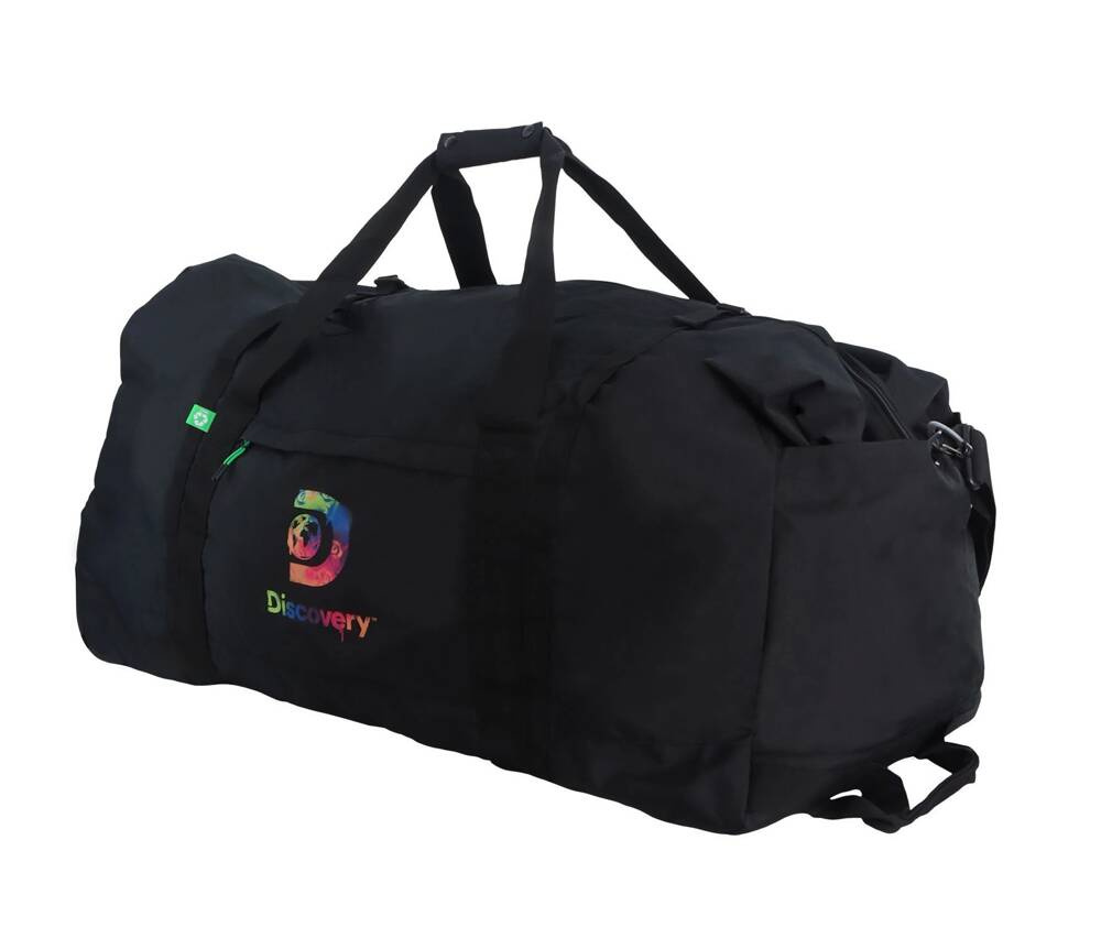 Czarna torba podróżna Discovery Drive 12114 pod kątem, z kolorowym logo Discovery i kieszenią z zielonym suwakiem