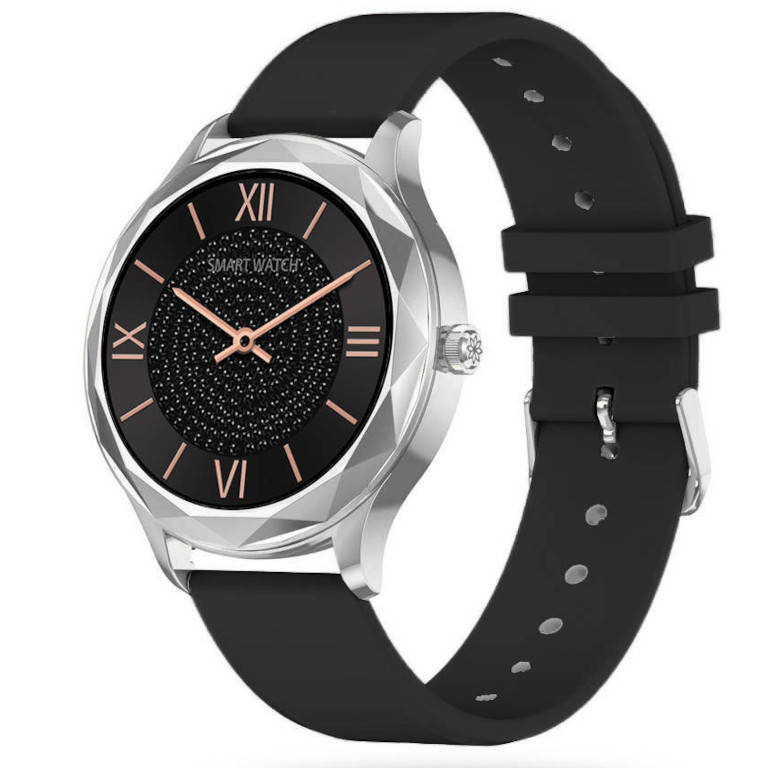 Czarno-srebrny smartwatch damski Pacific 27-7 - smartwatch z przodu, srebrna koperta i czarny pasek
