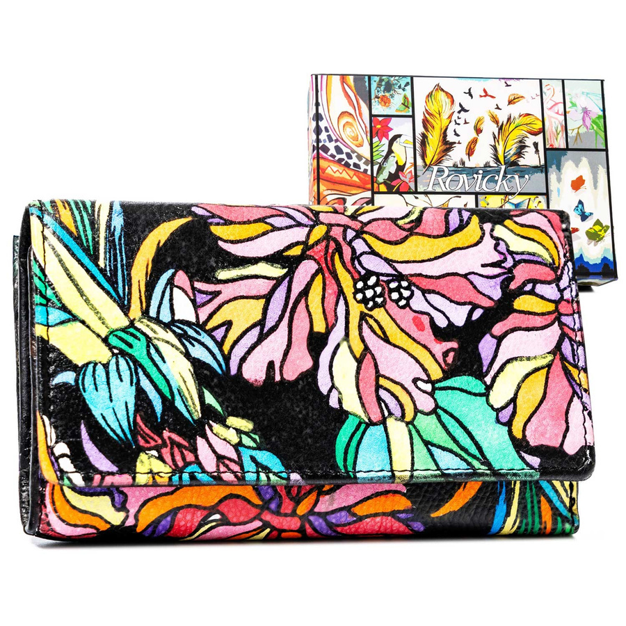 Wielokolorowy portfel damski Rovicky R-N55020-ART w papugi