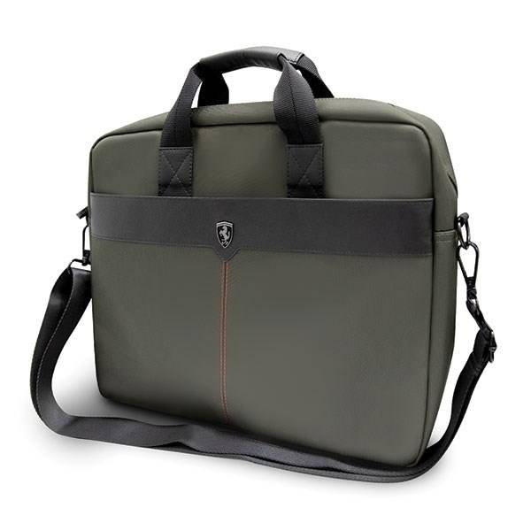 Torba na laptopa z materiału unisex Ferrari Off Track Scuderia khaki - komora główna i ergonomia wnętrza