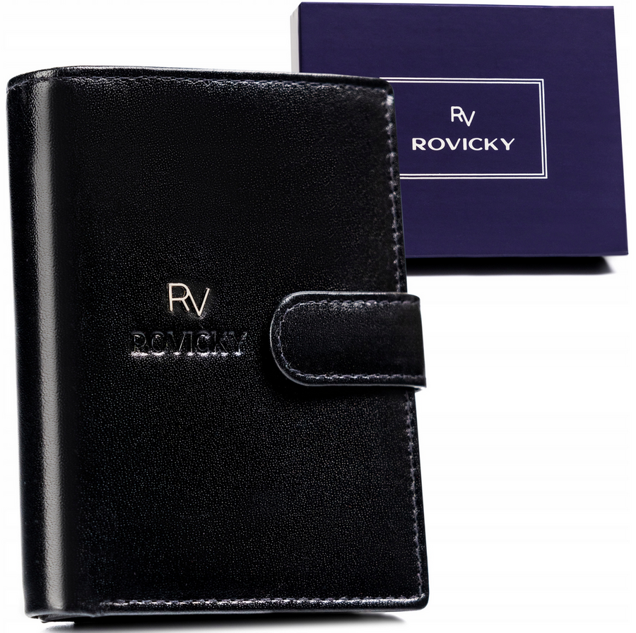 Czarny pionowy portfel męski Rovicky RV-75699-9-L-BCA z zapinką