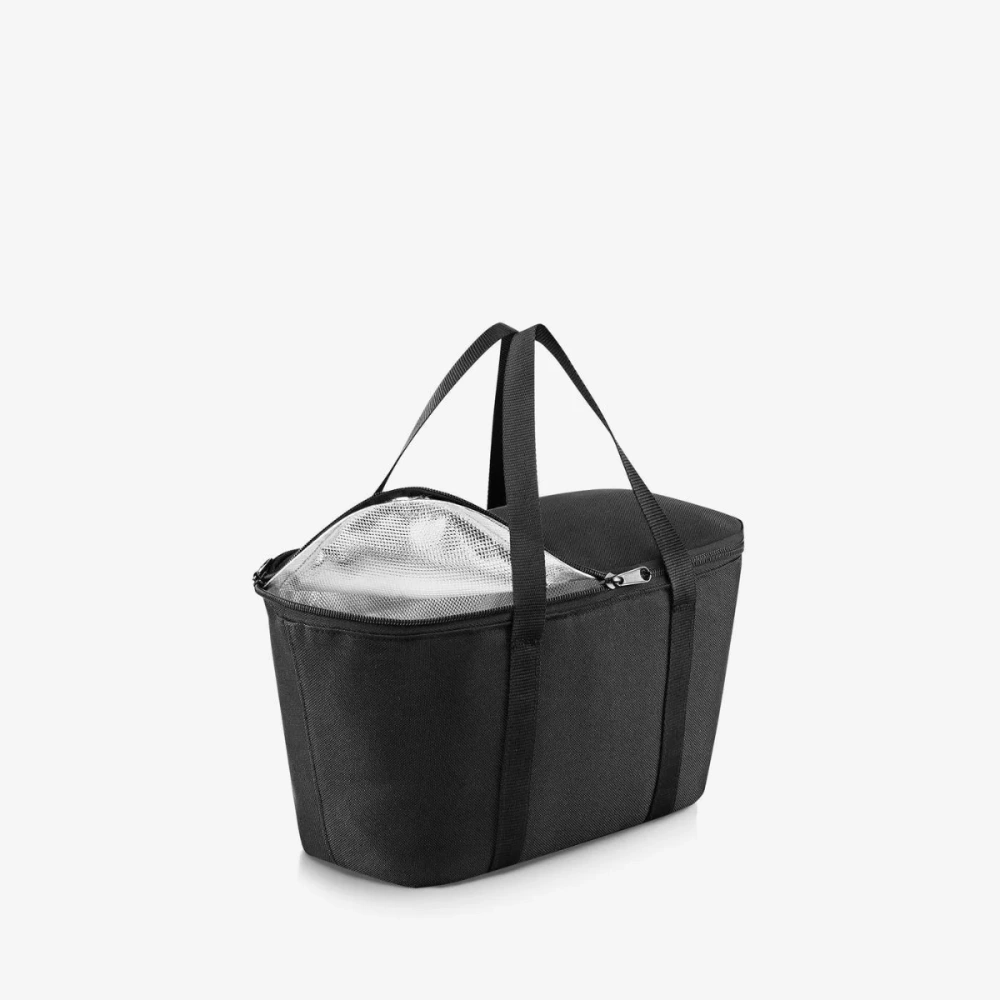 Czarna torba termiczna Reisenthel coolerbag XS bez pokrywy, ze srebrną izolowaną wyściółką i uchwytami