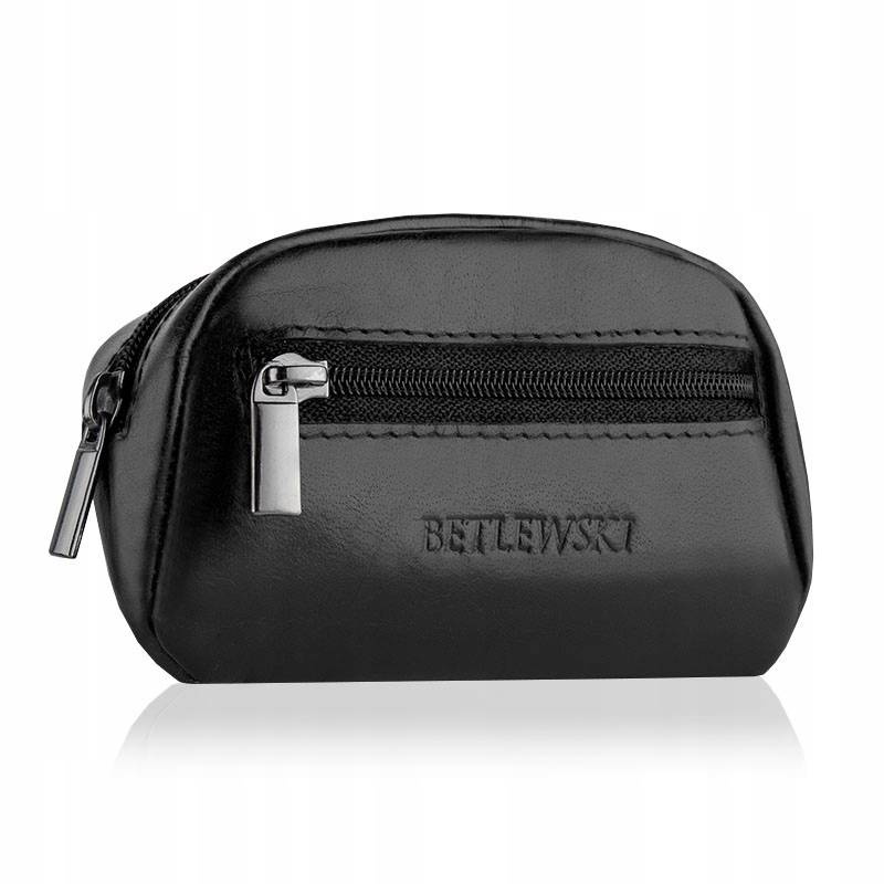 Czarne etui na klucze męskie Betlewski 1010114 ze skóry naturalnej - etui z przodu, kieszonka na suwak, tłoczone logo