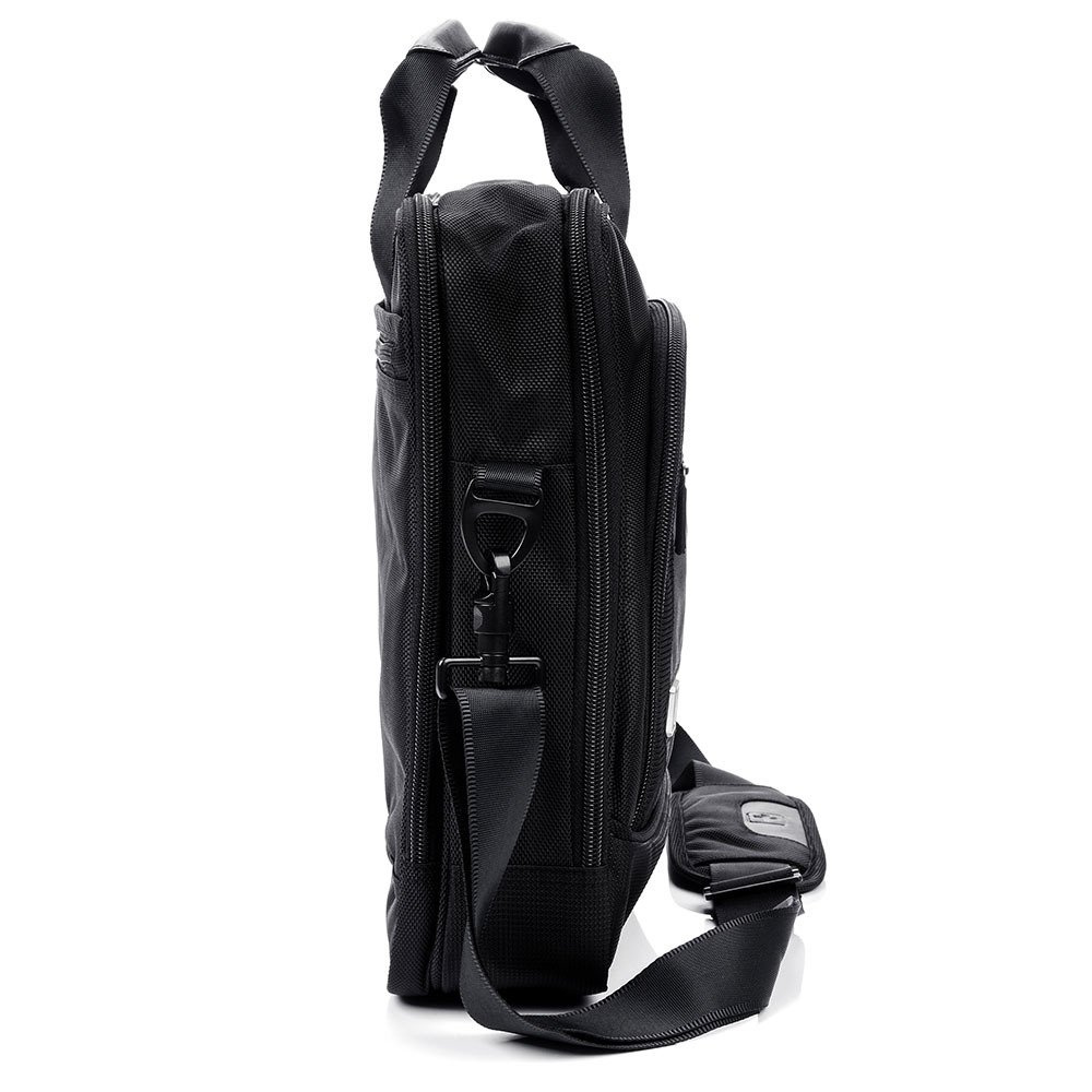 Czarna torba SwissBags SB114 z boku, z karabińczykiem i przypiętym paskiem na ramię