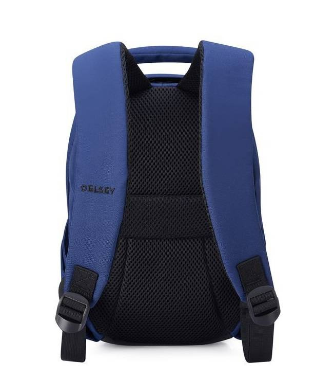 Plecak z poliestru unisex Delsey Securban miejski antykradzieżowy na laptopa niebieski - widok frontu i konstrukcja
