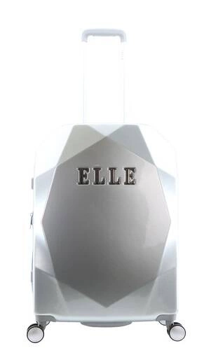Srebrna walizka średnia ABS Elle Diamond 68 z przodu, z fasetowaną skorupą i wypukłym napisem Elle