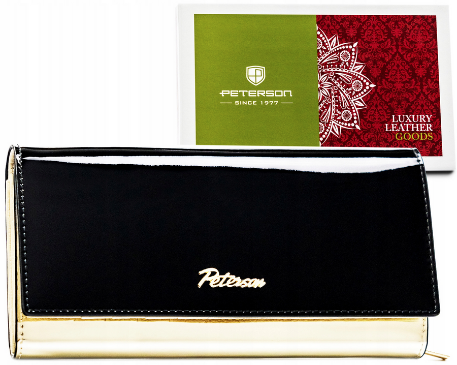 Czarno-złoty duży skórzany portfel damski Peterson 1N-409