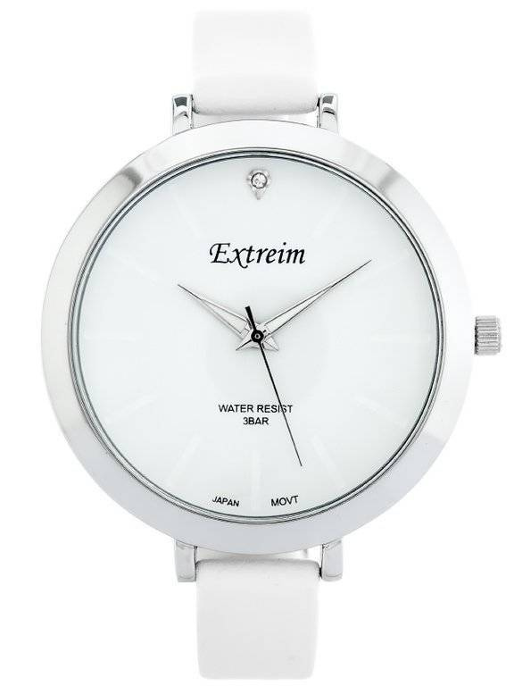 Biało-srebrny zegarek damski Extreim EXT-114A-4A - zegarek z przodu na białym tle, biały pasek