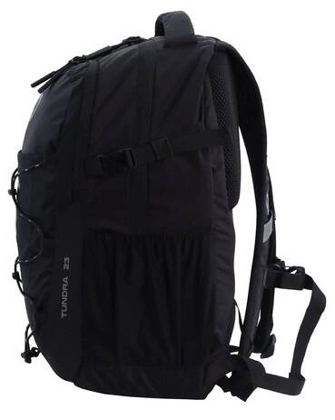 Czarny plecak na co dzień Discovery Outdoor 612 z boku, z szelką, paskiem kompresyjnym i siatkową kieszenią