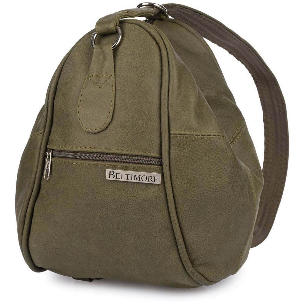 Plecak damski Beltimore 019 khaki, bok z przednią kieszenią na suwak z blaszką logo i paskiem
