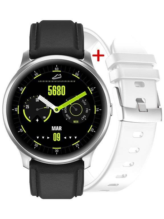 Srebrny smartwatch męski G. Rossi SF1-3C1-1 - srebrna koperta z czarnym i białym paskiem