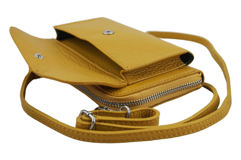 Portfel z etui na telefon ze skóry licowej damski Barberini's 909-43 mini listonoszka ciemnożółty - cecha produktu