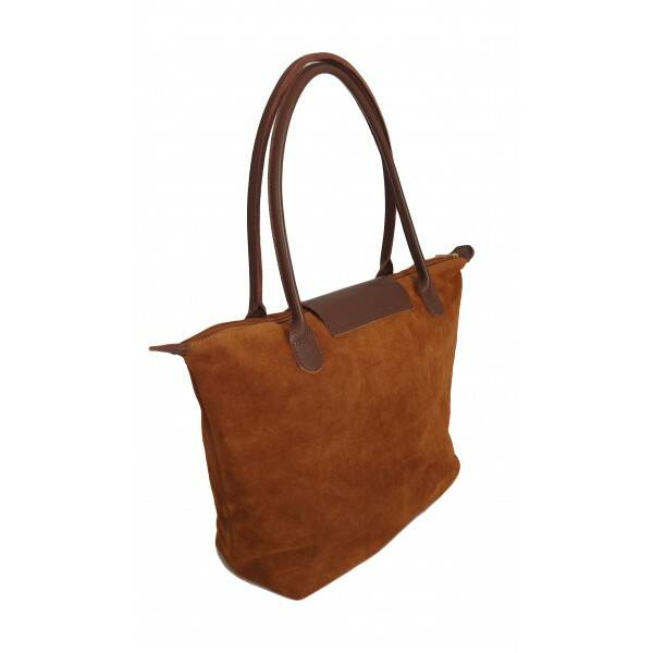 Torebka skórzana zamszowa damska Vera Pelle VKA41CM shopper XL A4 camel z brązem - detal zamszu i wykończenia