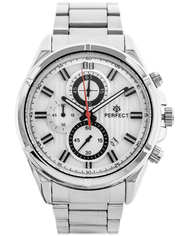 Srebrny zegarek męski Perfect CH03M-01 - zegarek z przodu na białym tle, srebrna tarcza