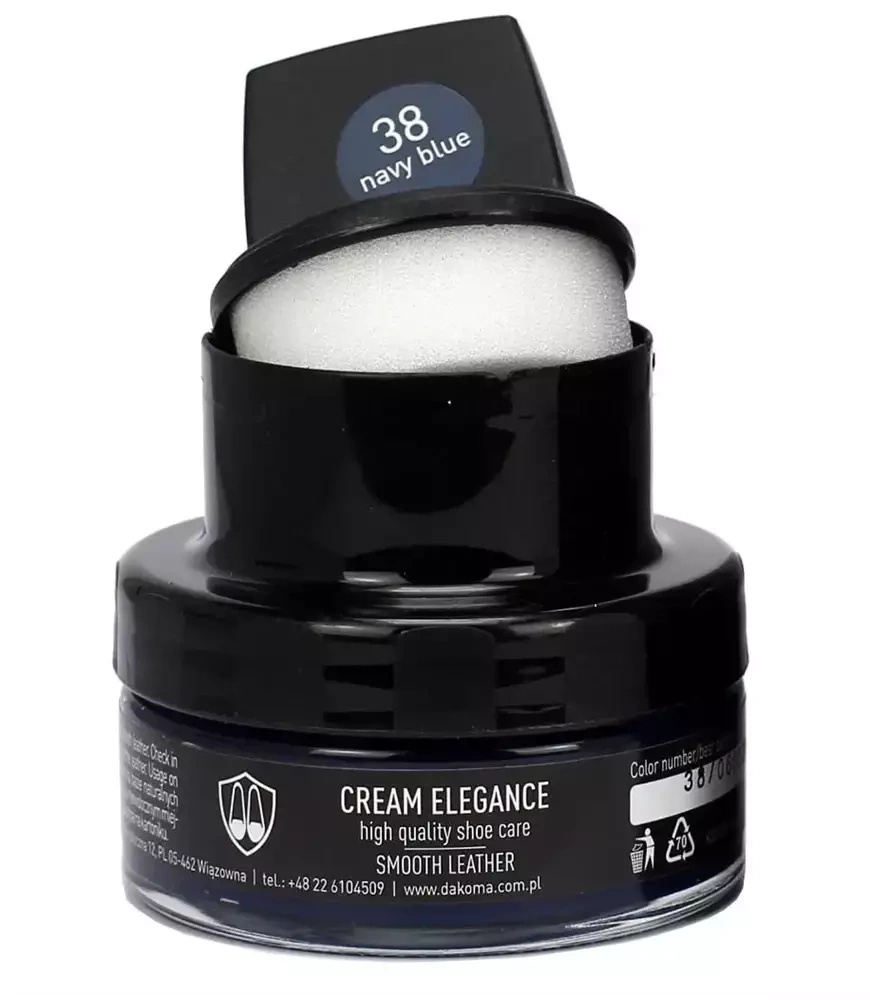 Krem do skóry gładkiej Coccine granatowy - otwarty słoiczek Cream Elegance z aplikatorem, na wieczku etykieta 38 navy blue