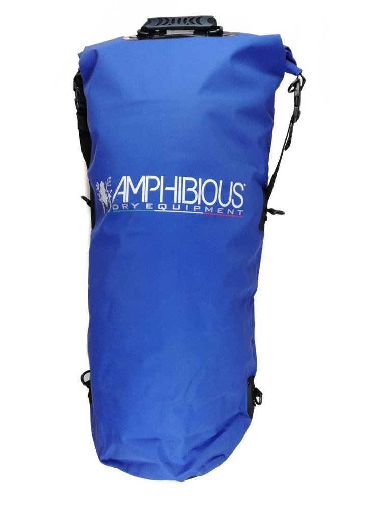 Niebieski worek wodoodporny Amphibious Tube 60L z logo i uchwytem na zwiniętym górnym brzegu