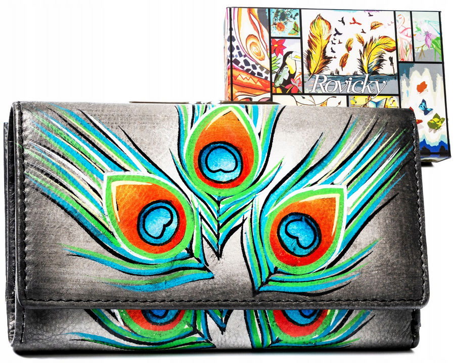 Wielokolorowy portfel damski Rovicky R-N55020-ART w pawie pióra