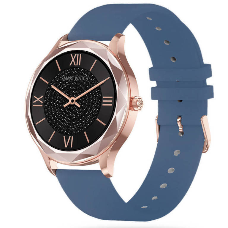 Niebieski z różowym złotem smartwatch damski Pacific 27-13 - smartwatch z przodu, koperta w kolorze różowego złota i niebieski pasek